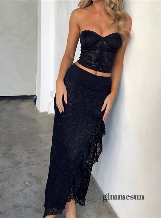 Luna Two-Piece Set — Halter Lace Top & Skirt